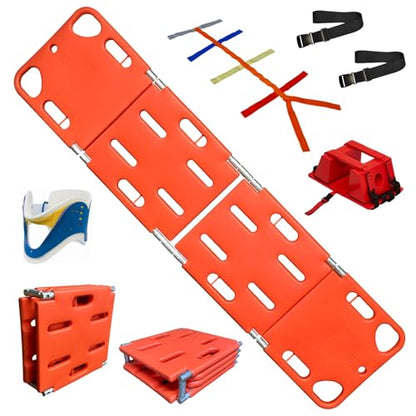 Emergency Foldable Spine Board Stretcher Kit with Head Immobilizer, Neck Brace, Spider Straps, Orange PE 4-Fold Water Floating Stretcher for First Responders & Emergency Services (4 Folds) - size: 4 Folds