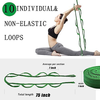 Stretching Strap Yoga Strap with Loops, Stretch Straps for Physical Therapy, Non-Elastic Exercise Strap for Pilates, Dance and Gymnastics with Workout Guide - color: Dark Green