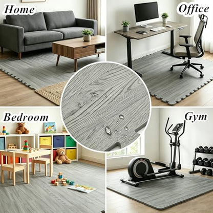 Tebery 16 Pieces Printed Wood Grain Interlocking Floor Tiles 3/8-Inch Thick EVA Foam Grey Puzzle Floor Mat