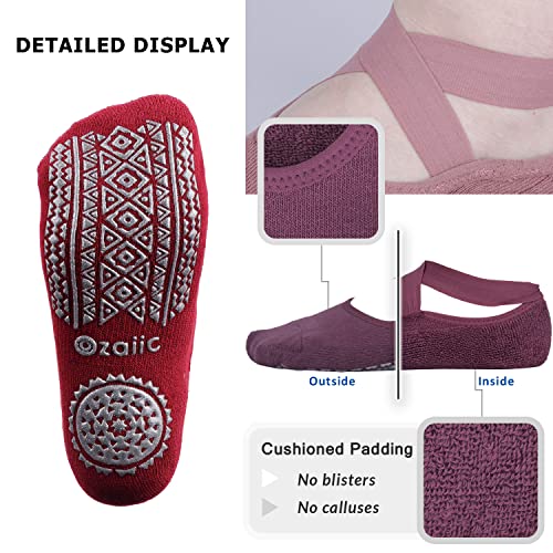 Ozaiic Pilates Socks for Women Non Slip Grip Yoga Barefoot Indoor Workout - color: 3 Pairs-purple/Rose Red/Bean Red