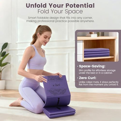 Foldable Yoga Mat and Blocks Set for Women with 2 Pack Yoga Blocks and Strap,Thin Non Slip Pilates Mat with Bag, Home Workout Equipment Essentials Starter Kit for Beginners Full Body Toning - color: Purple