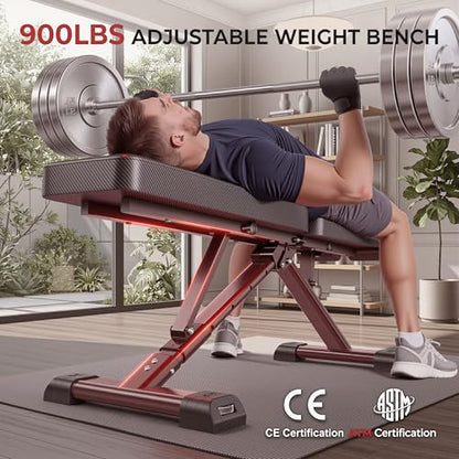 OPPSDECOR Adjustable Weight Bench, 900LBS Foldable Workout Bench with 18.5-Inch Seat Height for Home Gym — 8+4+2 Positions, Flat Incline Decline Bench Press for Dumbbell Strength Training, Compact Storage in Small Spaces