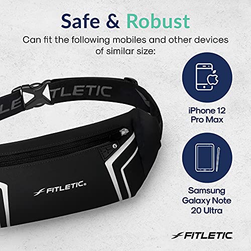 Fitletic Modern Sports Running Belt For Men & Women – Water Resistant Pouch - Fits All Smart Phones- Lightweight, Low Profile Design –Lycra Coated With Inner Card Organizer Pocket - color: Black