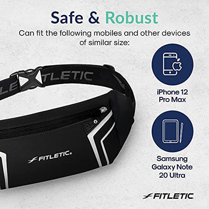 Fitletic Modern Sports Running Belt For Men & Women – Water Resistant Pouch - Fits All Smart Phones- Lightweight, Low Profile Design –Lycra Coated With Inner Card Organizer Pocket - color: Black