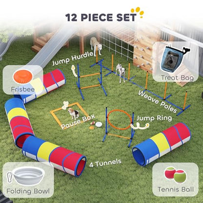 PawHut Dog Agility Training Equipment, 12-Piece Dog Obstacle Course with Adjustable Hurdle & Ring, 4 Tunnels, Weave Poles, Pause Box, Treat Bag, Bowl and Carrying Bag for Indoor Outdoor Use