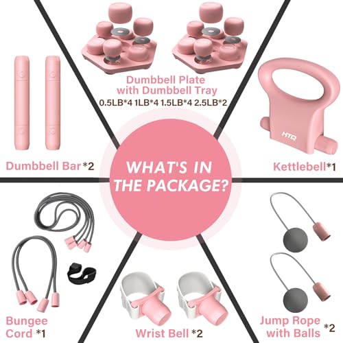 HTQ Adjustable Dumbbell Set for Women, 2-17LBS Total Plate Weight Home Workout Equipment with Kettlebell, Wrist Weights, Resistance Tube, Jump Rope, Pink/Green Free Weights Set for Women at Home - color: Pink