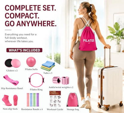 Pilates Kit for Women, Home Workout Equipment Set with Ring, Ball, Resistance Bands, Core Sliders & Ankle/Wrist Weights, Pilates Essentials Kit for Full Body Sculpt, Fat Burn & Beginners