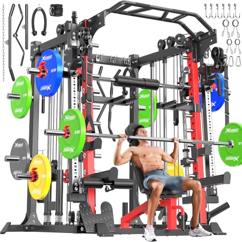 XGSW Smith Machine Home Gym, Multi-Function Power Cage with Dual Pulley Cable Crossover System,Squat Rack for Full-Body Workouts - color: L05, size: Red---Smith Machine+bench+(pole+Color BP)260LBS