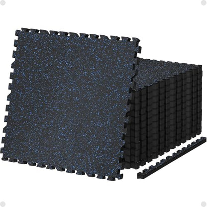 AIRHOP 0.79in Thick 48 Sq Ft Exercise Equipment Mats, 12 Tiles Upgraded Rubber Top with High Density EVA Foam, Large Interlocking Puzzle Gym Flooring for Home Gym, Heavy Weight Workout,Black & Blue