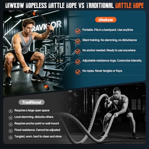 Weighted Cordless Battle Ropes – Adjustable Resistance Ropeless Battle Ropes for Home Gym with Non-Slip Handle, Portable Low-Noise Fitness Equipment for HIIT & Low-Impact Cardio Workouts – Black
