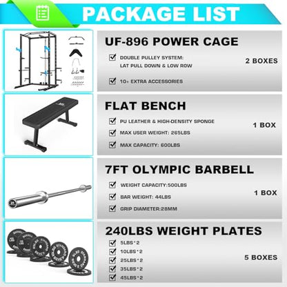 Power Cage, Multi-Functional Power Rack with J-Hooks, Dip Handles, Landmine Attachment and Optional Cable Pulley System for Home Gym - size: 240LB Weights Package+Flat Bench