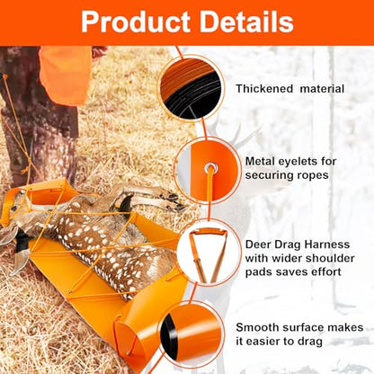 1.2MM Thickened Deer Drag Sled Tear-Resistant Deer Dragging Sled Game Hauler for Hunting with Odocoileus virginianus Drag Harness and Handle, Save Effort Hunting Gear Accessories