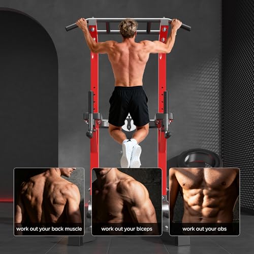 DlandHome Power Tower Pull Up Bar Station, Heavy Duty Pull Up Dip Station Adjustable Height for Home Gym Strength Training Equipment, 330LBS Weight Capacity