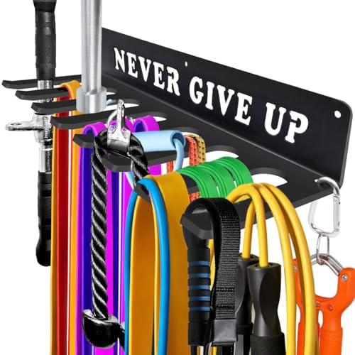 Gym Home Rack 8 Hook Heavy-Duty Wall-mounted Organizer Multi-Purpose Workout Gear Wall Hanger Storage for Resistance Bands Jump Ropes Lifting Belt Fitness Bands Barbells Carabiners Included - color: NEVER GIVE UP