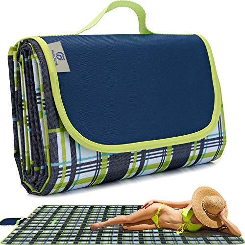 Picnic Blanket Beach Mat Extra Large Sandproof Waterproof Camping Blanket Portable Travel Blanket Play Mat for Outdoor Indoor Family Women Men Kids Beach BBQ Park Grass, 79"x57" - color: Green Grid