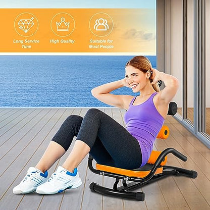Ab Workout Machine, Height Adjustable Ab Rocker Trainer w/Ergonomic Curved Back, Cushioned Seat, Strong Spring Boost for Core Strength Training, Compact Sit Up Machine for Home Gym