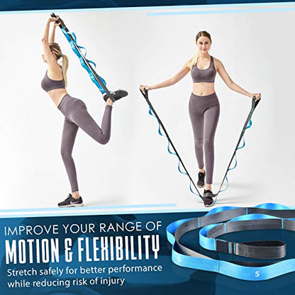Yoga Stretching Strap | 12 Loops Non-Elastic Stretching Yoga Strap | Stretching Band for Physical Therapy, Home Workout Exercises, Pilates & Dance | Includes Carrying Bag & Workout Guide