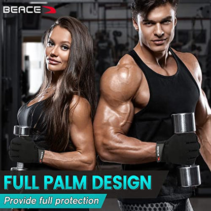 BEACE Full Finger Weight Lifting Gym Gloves with Anti-Slip Leather Palm for Workout Exercise Training Fitness and Bodybuilding for Men & Women - size: Large