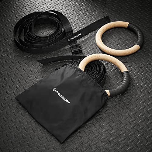 Philosophy Gym Wood Gymnastic Rings 1" or 1.25" Grip with Adjustable Straps and Grip Tape for Pull Ups, Dips, Muscle Ups