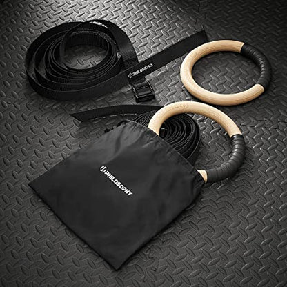 Philosophy Gym Wood Gymnastic Rings 1" or 1.25" Grip with Adjustable Straps and Grip Tape for Pull Ups, Dips, Muscle Ups