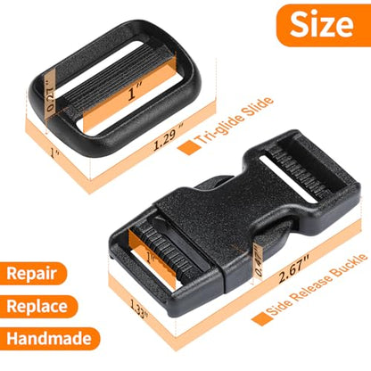 BEYOURD Buckles and Straps Set 1": 6 Yards of Thick Nylon Webbing, 6-Pack Heavy Duty Adjustable Quick Side Release Plastic Buckles, 12 Tri-Glide Slide Clips, Black (1-Inch Combo Set) - style: 1" Combo Set