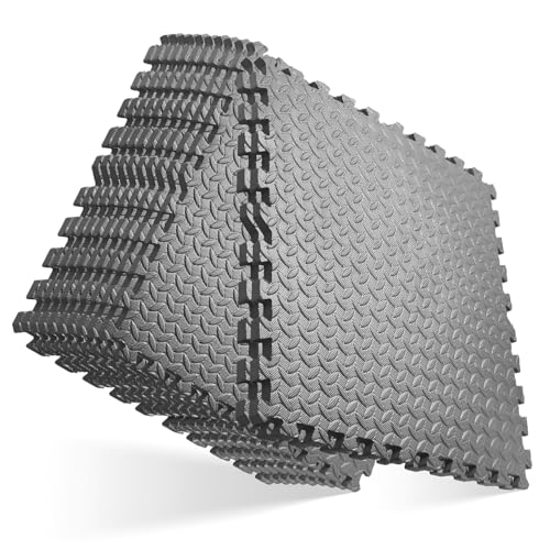 GWT Interlocking EVA Foam Floor Tiles 24x24 Inch 0.4 Inch Thick Gym Flooring for Home Gyms Garages and Basements, 12 Pack Covers 48 Square Feet, Shock-Absorbing Easy Snap-Together Install - color: Grey