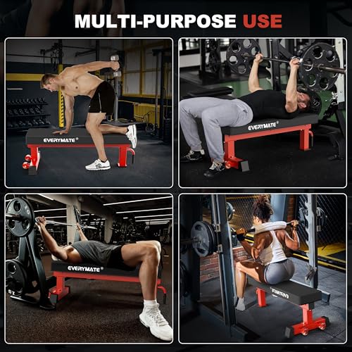 Flat Bench, 4" Thick HeftyGrip Vinyl Pad, Rated 1,200 LB, Flat Benches for Home Gym & Strength Training, Professional Grade Flat Weight Bench Made of Heavy Duty 3"*3" Tube (Red)
