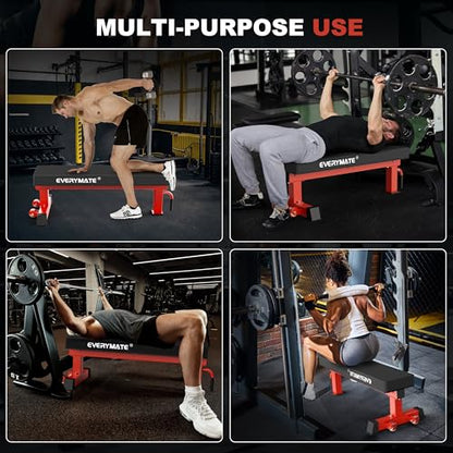 Flat Bench, 4" Thick HeftyGrip Vinyl Pad, Rated 1,200 LB, Flat Benches for Home Gym & Strength Training, Professional Grade Flat Weight Bench Made of Heavy Duty 3"*3" Tube (Red)