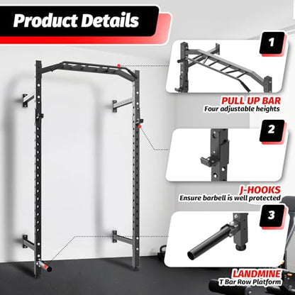 Garvee Wall Mounted Power Rack, 1600LB Commercial Squat Rack for Home Gym with Multi-Grip Pull Up Bar, j-Cups & Landmine Attachment for Home and Garage Gym