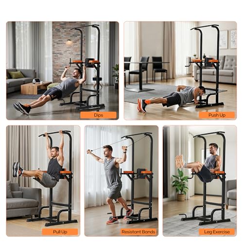 Power Tower Pull Up Bar,Pull Up Bar Station, 6-Level Adjustable Pull Up Dip Station for Home Gym, 450 Lbs Weight Capacity, Strength Training Fitness Workout Equipment with Power Elastic Ropes