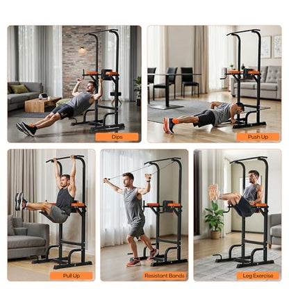 Power Tower Pull Up Bar,Pull Up Bar Station, 6-Level Adjustable Pull Up Dip Station for Home Gym, 450 Lbs Weight Capacity, Strength Training Fitness Workout Equipment with Power Elastic Ropes