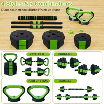 Adjustable Dumbbell Set, 4 in 1 Free Weights Dumbbells Set with Connector, Barbell Weight Set Used As Kettlebells, Barbell, Push Up Stand, Fitness Exercise for Home Gym Suitable Men/Women
