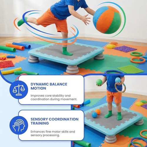 Mini Trampoline for Kids, 25 Inch Sensory Bounce Board for Balance & Coordination, Non-Slip Rebounder Board for Kids Ages 3+, Indoor Mini Trampoline with Stable Base