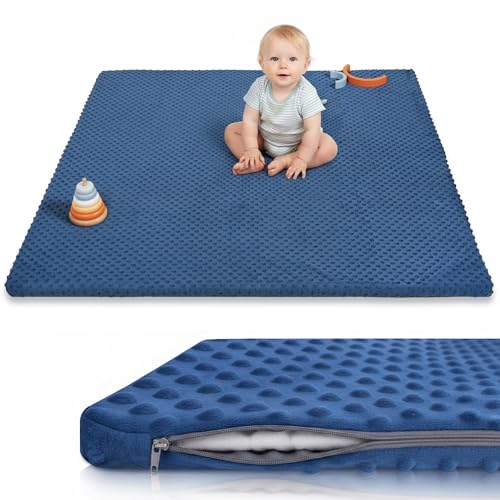 Huloo Sleep Baby Play Mat for Floor, Extra Thick 50x50 Inches Padded Mat with Ultra Soft 3D Minky Dot & Removable Washable Cover, Tummy Time Rug, Crawling Surface for Infant Toddler Kids (Dark Blue) - color: Dark Blue, size: 50"×50"×1.3"