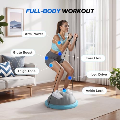 MERACH Balance Ball Trainer, 18 Inch Half Exercise Ball with Resistance Bands and Foot Pump, Half Yoga Ball for Core Strength Training, 450lb Capacity