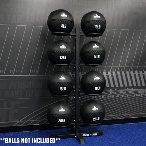 Gronk Fitness Wall Ball Rack | Heavy Duty Steel Vertical Ball Storage Rack | Holds 8 Wall Balls, Slam Balls & Soft Medicine Balls | Compact Gym Ball Holder Stand