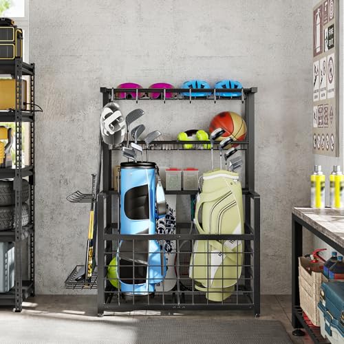 HOOBRO Sports Equipment Garage Organizer, Ball Storage Rack with Basket, Heavy Duty Ball Holder with Hooks, for Outdoor, Garage, Club, Basement, Black BK80JJ01