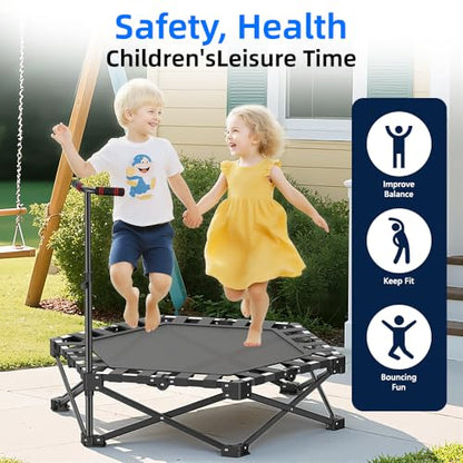 Mini Fitness Trampoline with Adjustable Handle Bar, Black, Indoor Exercise Rebounder for Kids, Foldable Frame