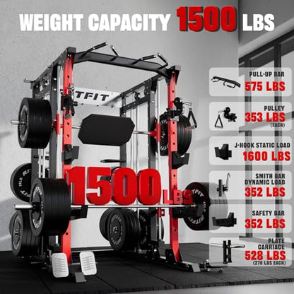 RitFit Buffalo Smith Machine, Power cage with LAT-Pull Down System & Cable Crossover System, All-in-One Squat Rack for Home Gym, Power Rack - color: RED, size: Package(With BP260)