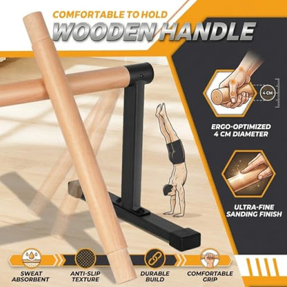 Professional Wooden Parallel Bars - Solid Beech Wood & Matte Alloy Steel Dip Bar, 500lbs Load Capacity Rock-Free Push-up Station for Gymnastics, Yoga and Calisthenics Mastery