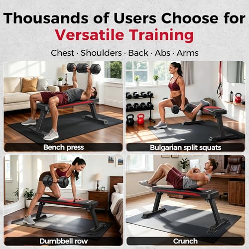 FLYBIRD Foldable Flat Weight Bench for Home Gym, 600/1000 lbs Capacity with Dual Locking for Strength Training, Easy Setup & Storage for Small Apartments, Lifting, Hip Thrust, Dumbbell Workout