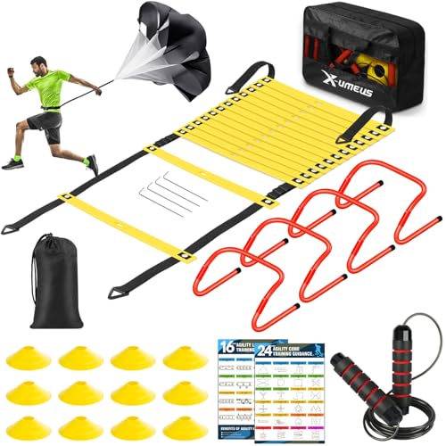Agility Ladder Speed Training Equipment Set-20ft Agility Ladder,12 Soccer Cones,4 Hurdles, Jump Rope, Running Parachute| Basketball Football Soccer Training Equipment for Kids Youth Adults - color: yellow