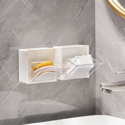 Wall Mount Storage Box Cotton Pads Holder Dispenser Clear Acrylic Organizer Box No Drill Adhesive for Bathroom Kitchen for Powder Puff Lipstick Hair String Rubber Band