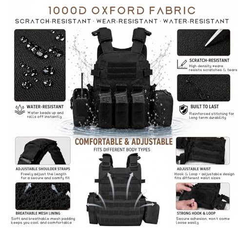 Tactical Vest for Airsoft & Paintball, Adjustable MOLLE Plate Carrier with Patch Panels for Hunting & Outdoor Training - color: Black