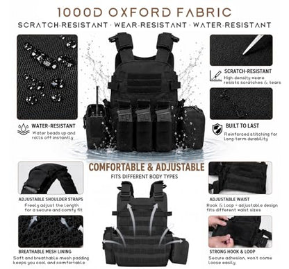 Tactical Vest for Airsoft & Paintball, Adjustable MOLLE Plate Carrier with Patch Panels for Hunting & Outdoor Training - color: Black