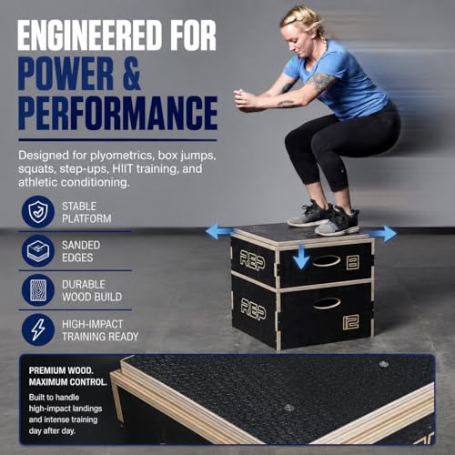 Rep Wooden Plyo Box | Stackable Jump Platforms for Home Gym Workouts | Multiple Height Options from 4, 6.8 and 12" Exercise Step Up Boxes for CrossFit & Plyometric Training | Durable Fitness Equipment