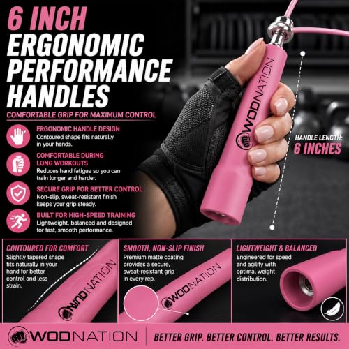 WOD Nation Adjustable Speed Jump Rope For Men, Women & Children - Blazing Fast Fitness Skipping Rope Perfect for Boxing, MMA, Endurance - color: Pink