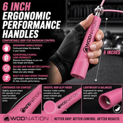 WOD Nation Adjustable Speed Jump Rope For Men, Women & Children - Blazing Fast Fitness Skipping Rope Perfect for Boxing, MMA, Endurance - color: Pink
