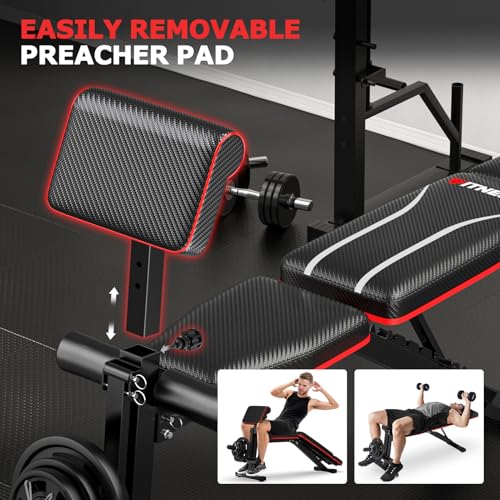 Fostoy Foldable Workout Bench Press, Adjustable Weight Bench for Home Gym, 800LB Multi Functional Gym Bench w/Leg Extension &Preacher Pad, Extra Headrest, Fast Folding Strength Training Incline Sit up Bench
