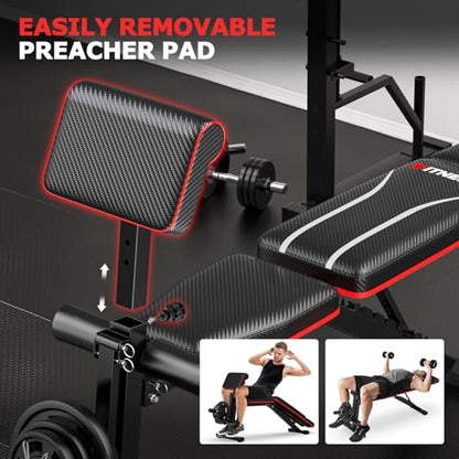 Fostoy Foldable Workout Bench Press, Adjustable Weight Bench for Home Gym, 800LB Multi Functional Gym Bench w/Leg Extension &Preacher Pad, Extra Headrest, Fast Folding Strength Training Incline Sit up Bench